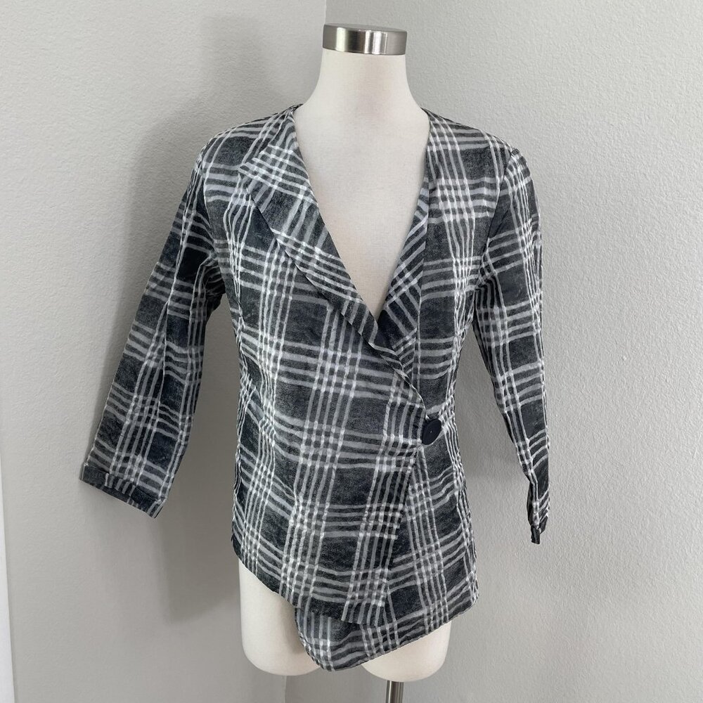 Oska Jacket Womens Small Gray White Plaid Asymmetrical Hem Blazer‎ Lagenlook